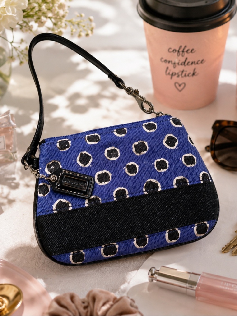 Coach Blue Polka Dot Canvas Wristlet with Black Leather Trim & Dust Bag – 7x5”